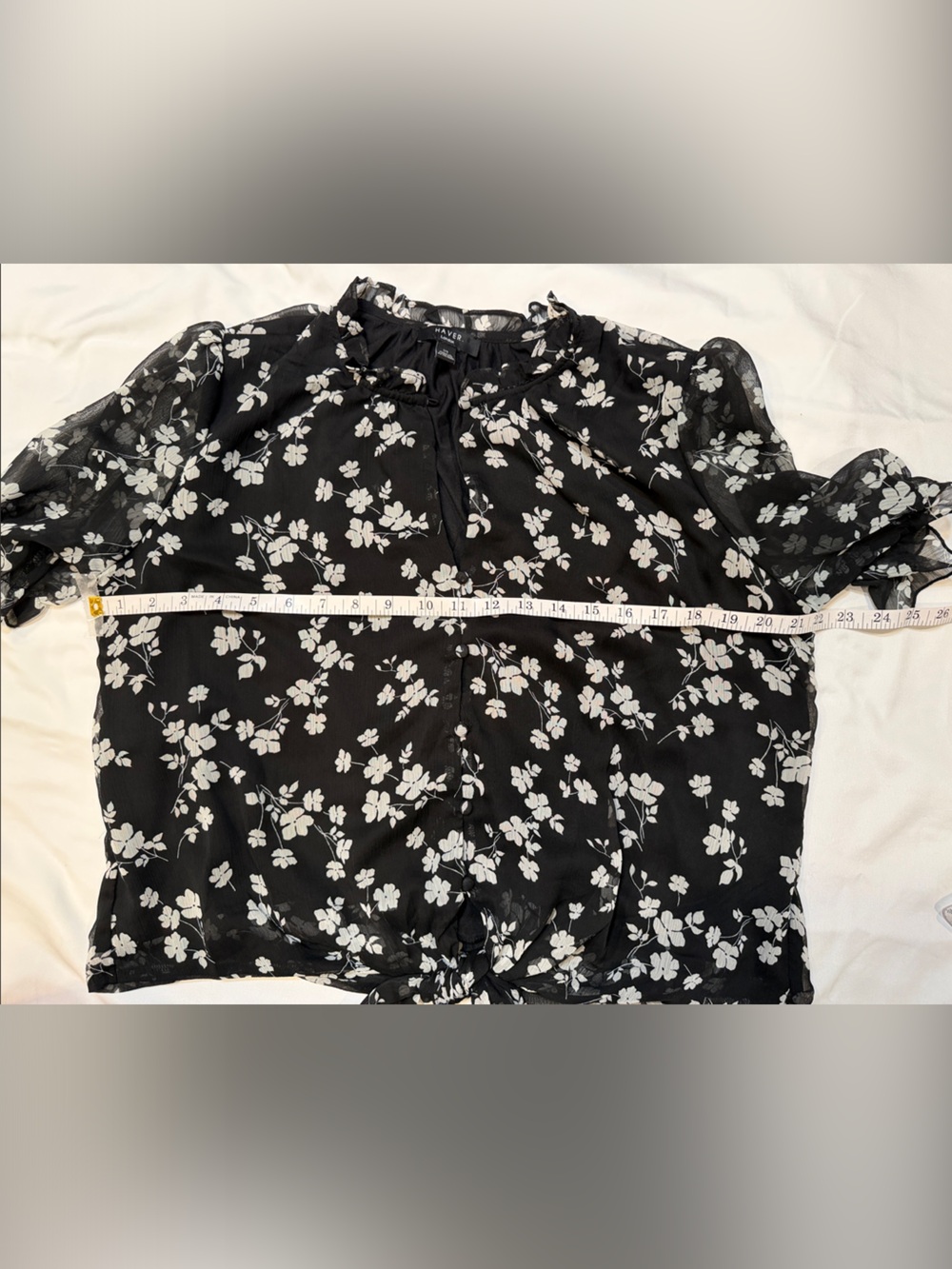 HaverBlack Floral Tie-Front Blouse- Top Button down - V-neck -short sheer sleeve - Picture 9 of 15